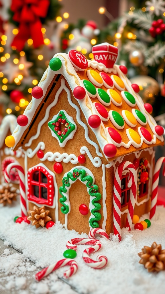 A decorated gingerbread house with colorful icing and candies against a festive Christmas backdrop.